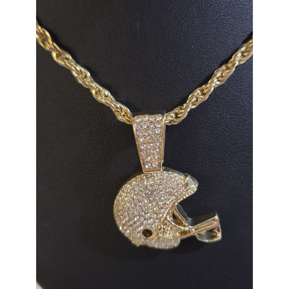 Iced Cz 14k Gold Plated Football Player Helmet Pendant 24 Rope Chain Necklace